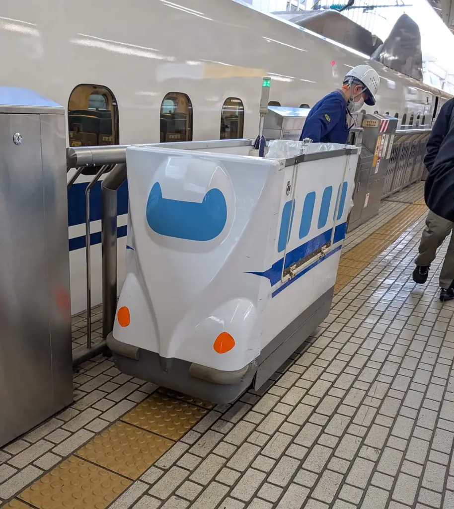 A cute Shinkansen-shaped rubbish cart for the cleaning crew 