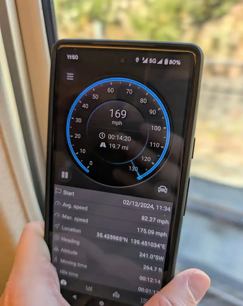 A speed tracking app on my mobile phone, showing the train reaching 169 mph between Shin-Yokohama and Odawara