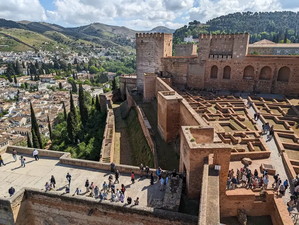 The Alcazaba in Granada is part of the Alhambra complex. The Alcazaba is a partially ruined but still very imposing fortress, high on a hill in Granada.