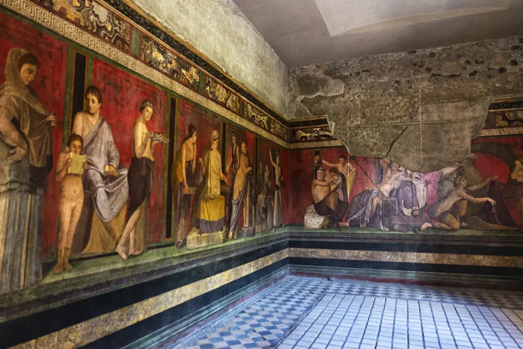 Magnificent painted frescoes at the Villa of the Mysteries, Pompeii