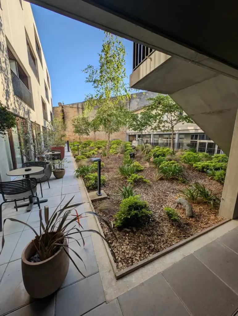 A courtyard garden with hotel rooms leading off it