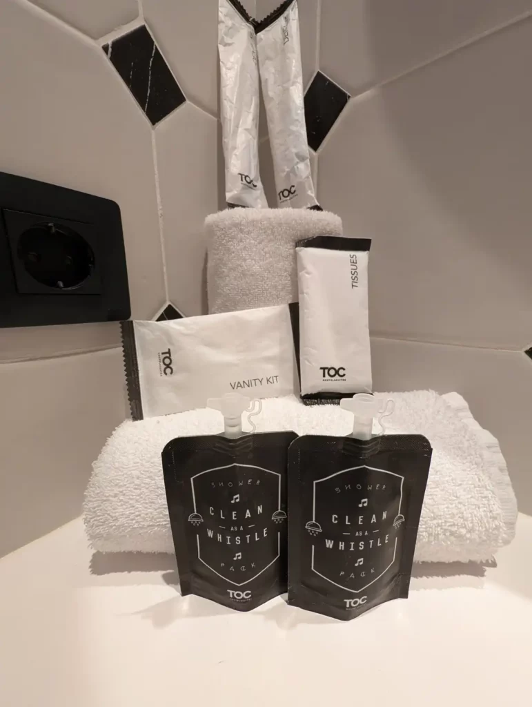 Toiletries in a hotel bathroom