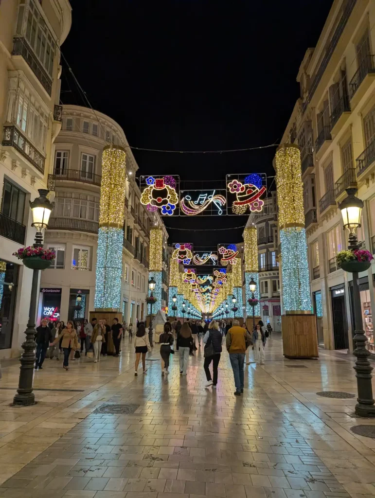 A wide pedestrian street at night, lit up for carnival