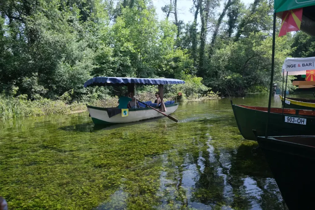 A rowing boat on clear river water. Taking a rowing boat to see the Black Drim springs is one of the top things to do in Lake Ohrid