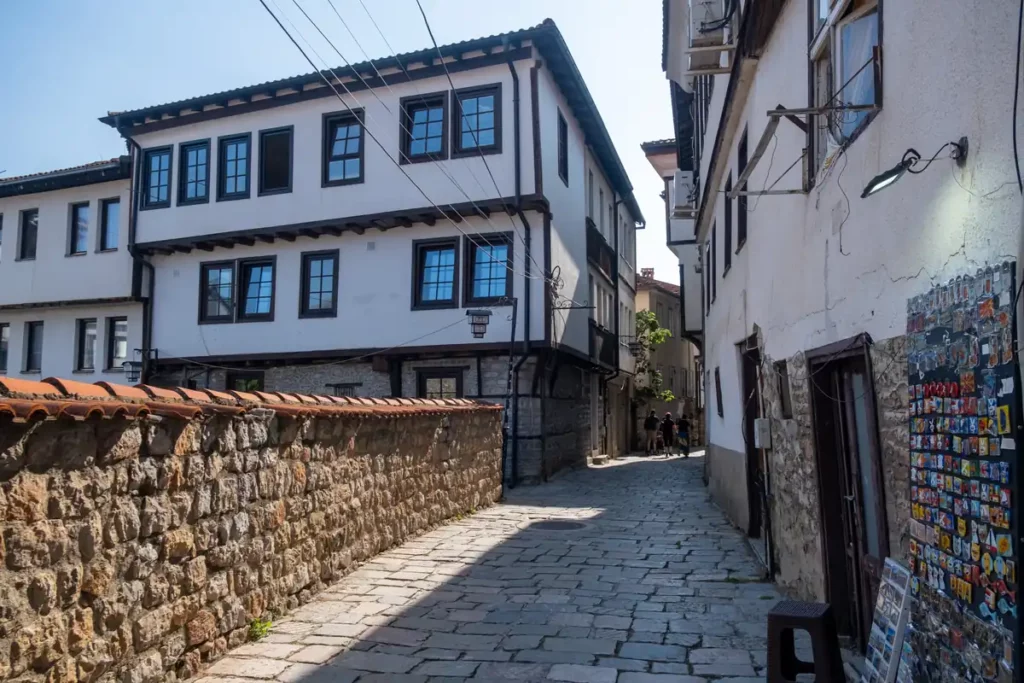 Black and white traditional three-storey Ohrid houses, which get wider as they go up