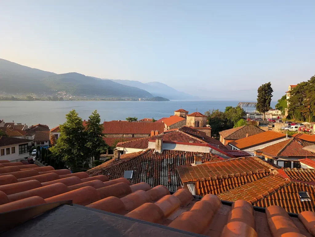 A beautiful view over the red tiled rooftops of Ohrid towards the lake