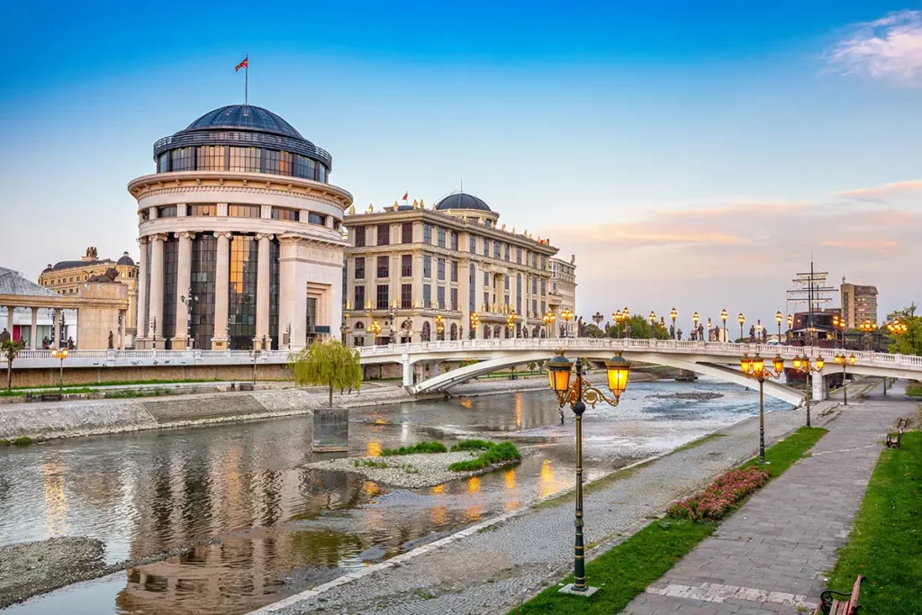 Grand modern buildings by a river