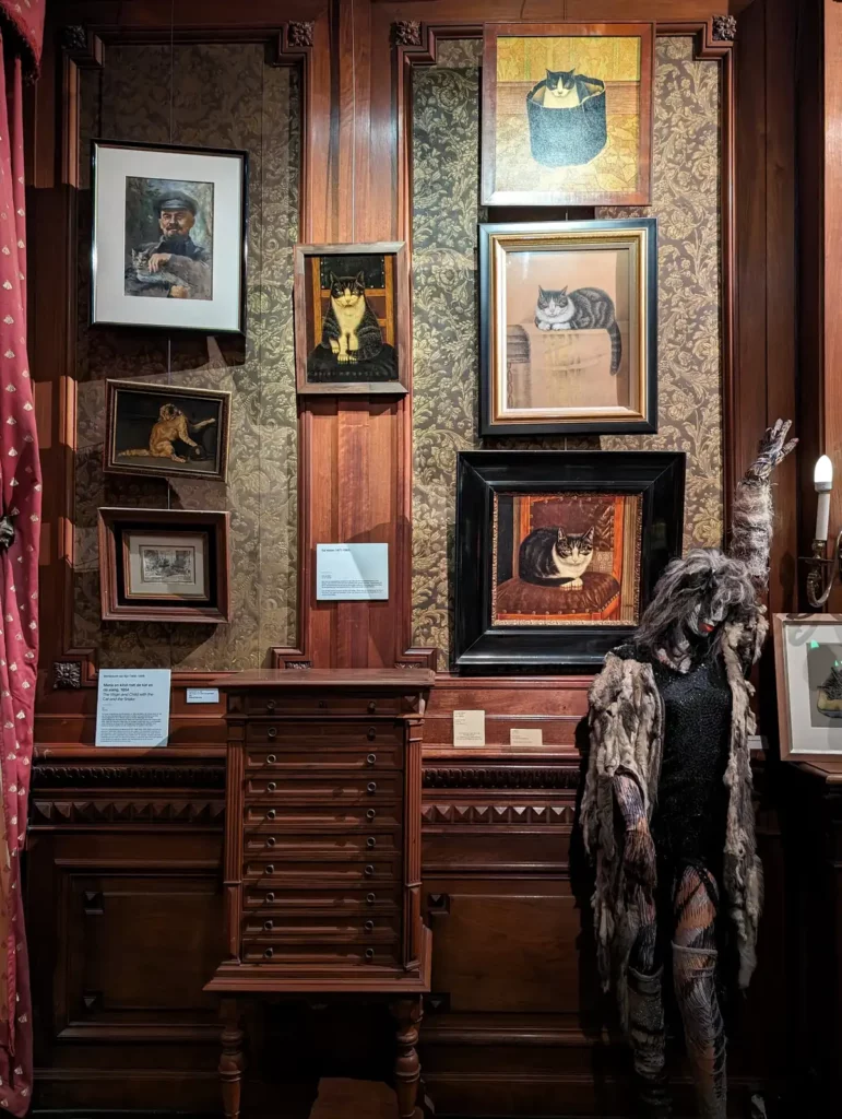 A wall in an old house with lots of framed paintings of cats