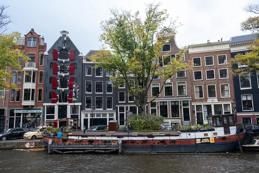 Wobbly canal houses on the Prinsengracht near the Anne Frank House Museum
