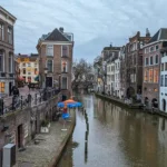 A canal in the centre of Utrecht in the early evening in December