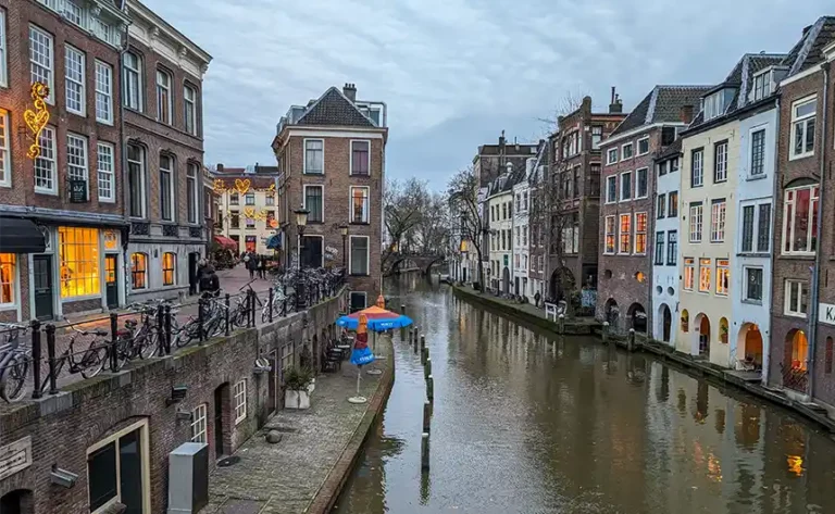 A canal in the centre of Utrecht in the early evening in December