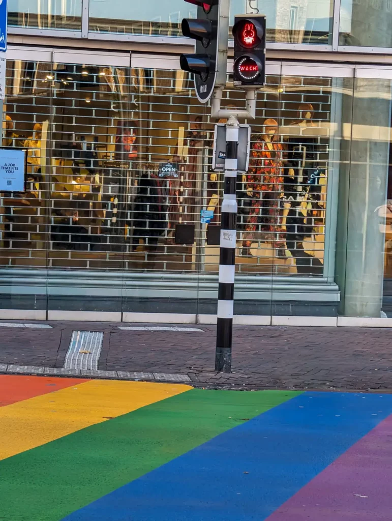 A pedestrian crossing with Miffy on the stop and go lights. Miffy's creator was from Utrecht and following the Miffy trail is one of the best things to do in Utrecht.