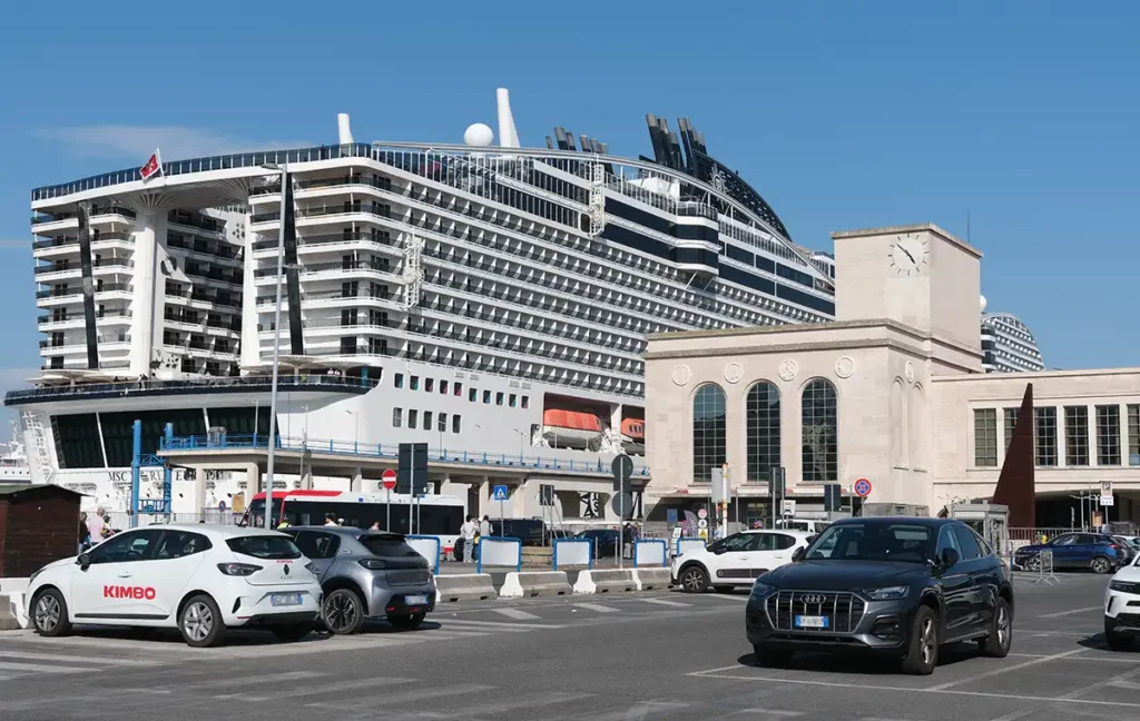 Naples cruise port, with a large cruise ship docked