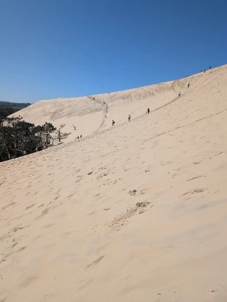 An enormous sand dune against a blue sky. It's so big that the people climbing it look tiny.