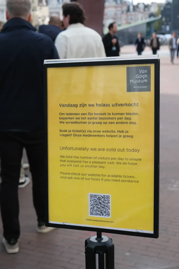 A sign outside the Van Gogh Museum letting people know that tickets for today are sold out
