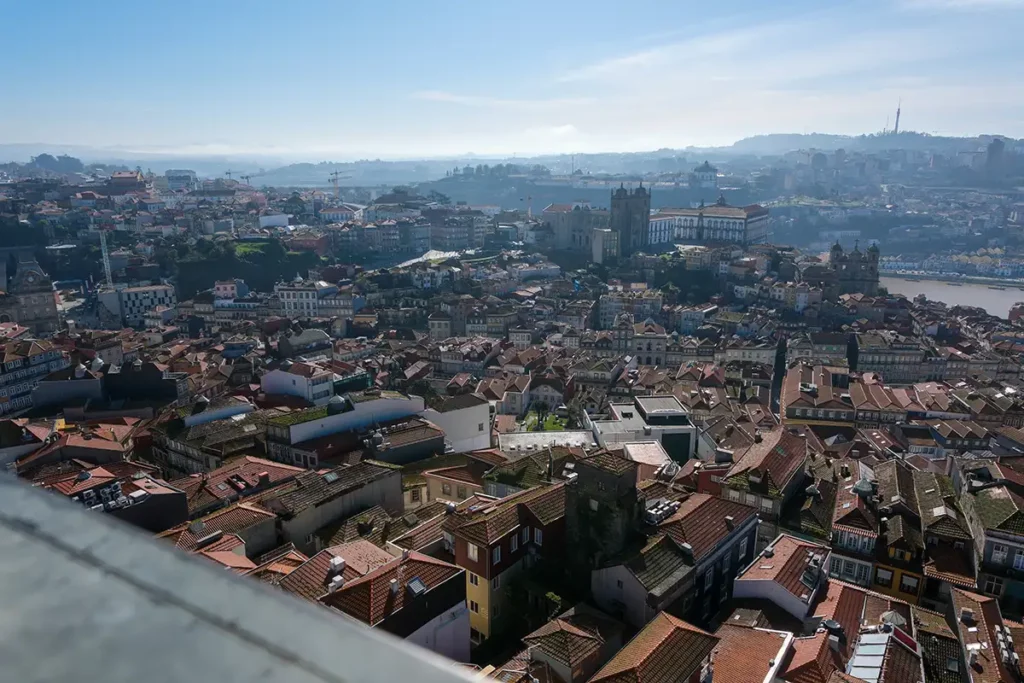 A view across Porto towards the Cathedral and Douro river from the top of Clérigos Tower