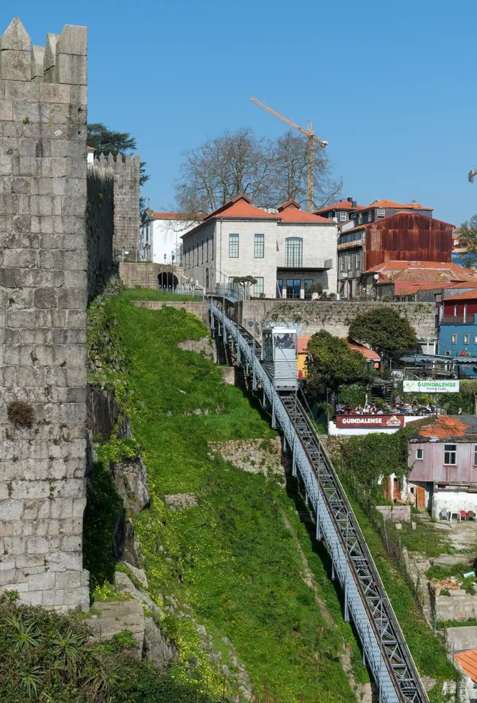 The Funicular dos Guindais running down a steep slope beside the old city walls.