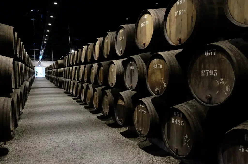 Barrels of port wine in rows in a dimly-lit warehouse