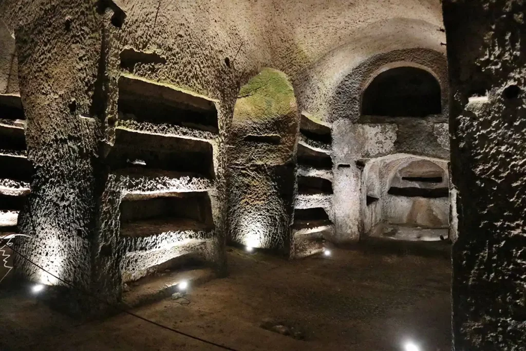 Tombs cut from the rock in the San Gennaro Catacombs