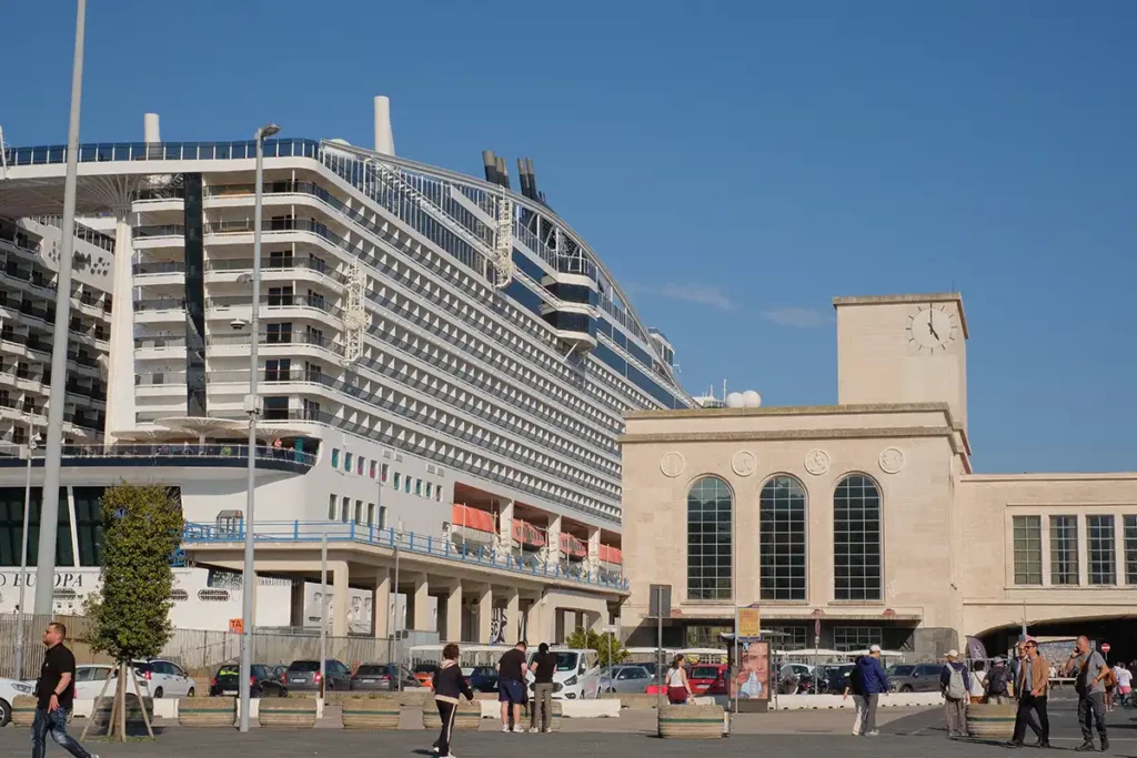 Naples cruise port, with a large cruise ship docked