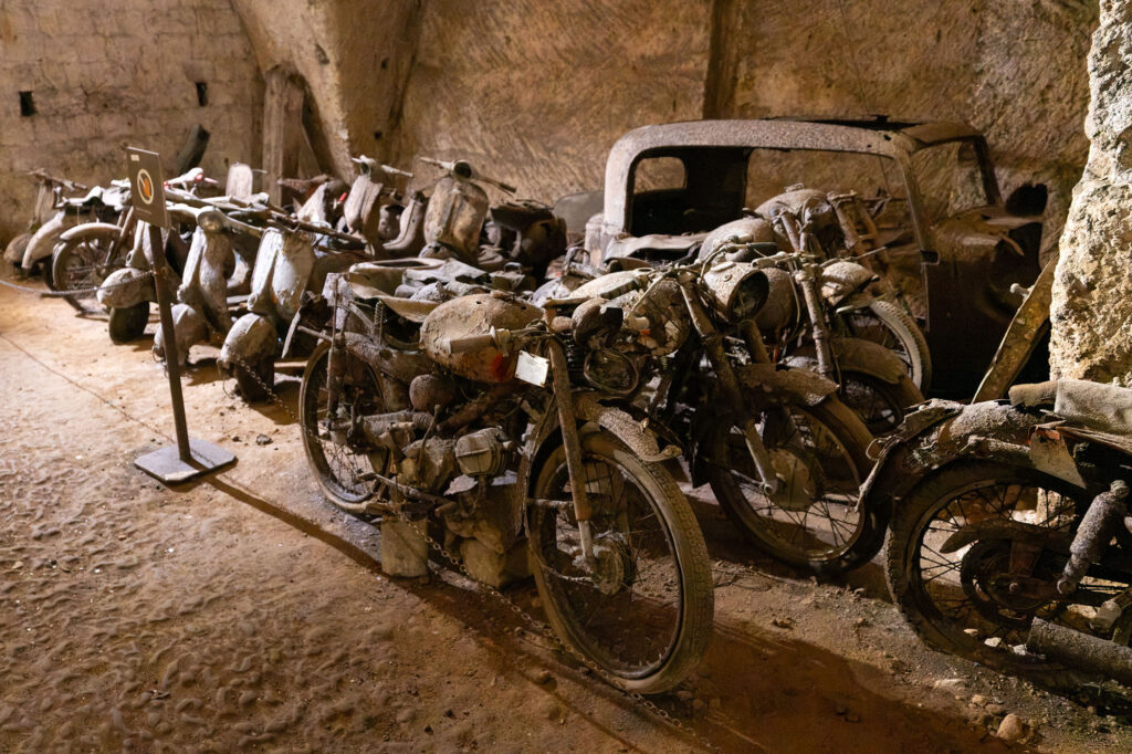 Old cars and motorcycles in the tunnels