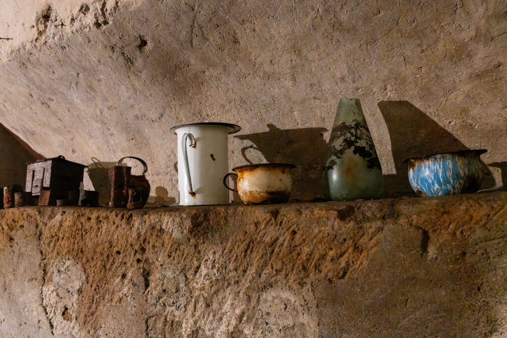 Pots and jugs left behind in the air raid shelters